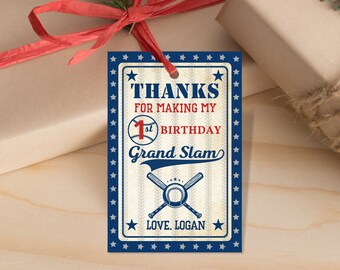 Étiquettes d'anniversaire sur le thème du baseball - Étiquettes cadeaux imprimables et modifiables pour garçons Bir296