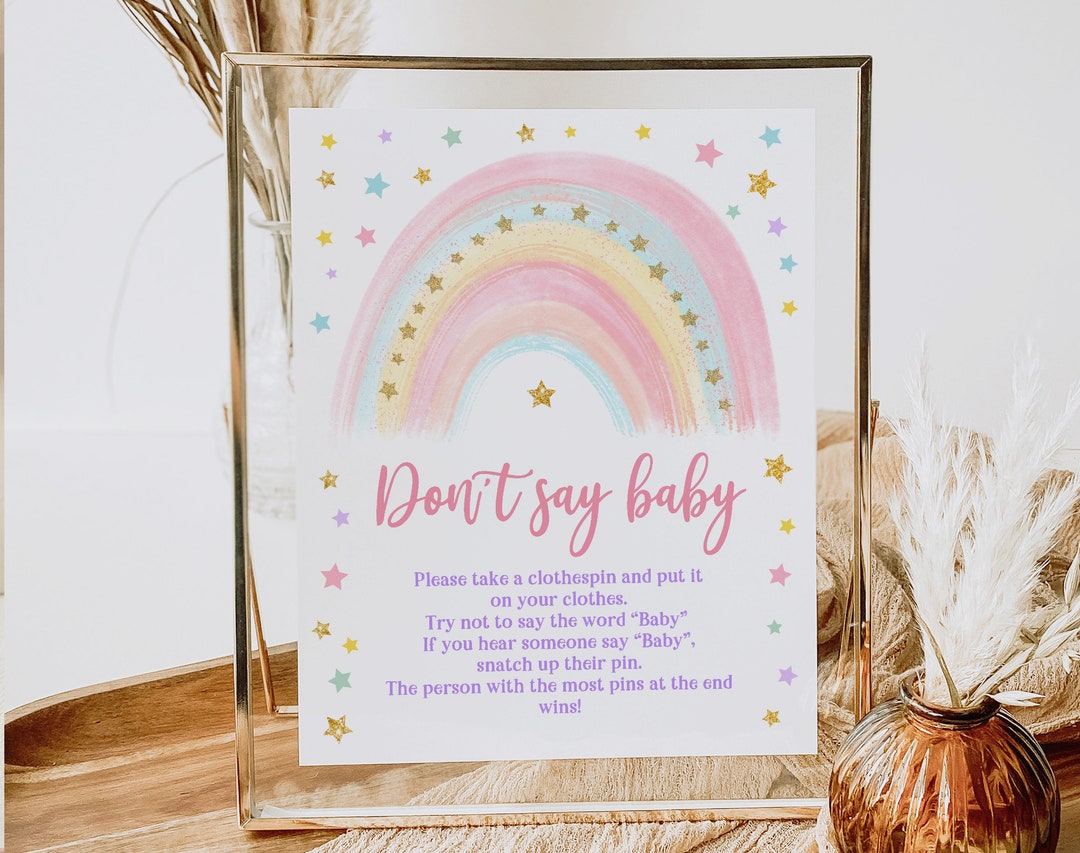 Don't Say Baby Sign Printable Pastel Rainbow Baby Shower Game Girl Pink ...