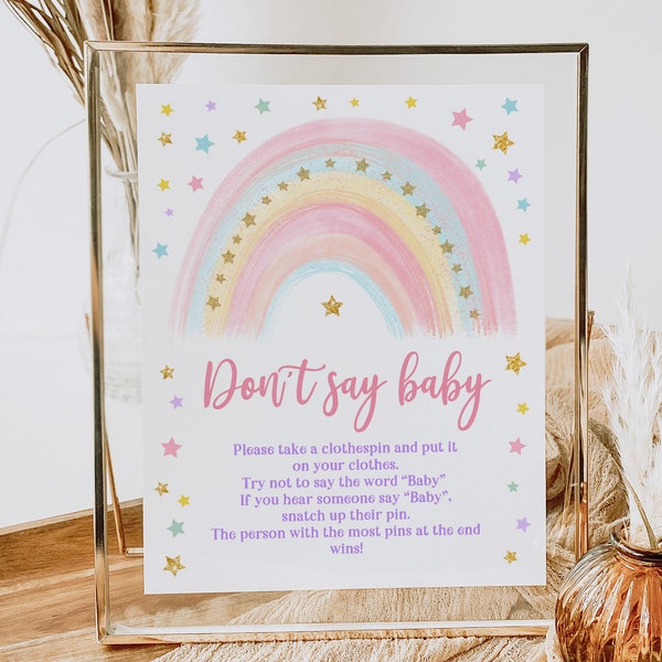 Don't say baby sign printable Pastel Rainbow Baby Shower Game Girl Pink Gold Rainbow baby activity Digital Editable Download Bab155