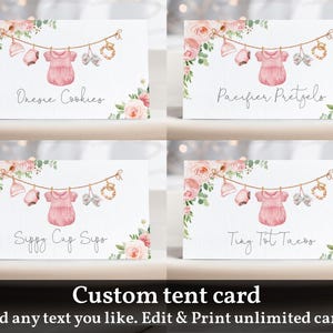 Meisje babykleding tentkaart voedseletiket bewerkbaar meisje babyshower plaatskaarten wasgoed boho roze bloemen digitale afdrukbare download Bab215