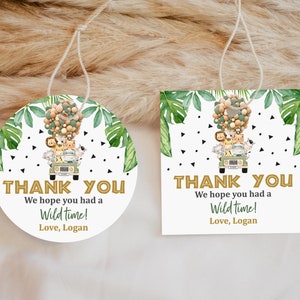 Jungle Safari Stickers Safari Verjaardagsbedankje Label Safari Dieren Wild One Party Zoo Rond Vierkant Tag Bewerkbare Afdrukbare Download Bir297