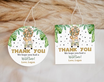 Safari-Geburtstags-Aufkleber - Bearbeitbare Dschungel-Tierbevorzugungsetiketten Bir297