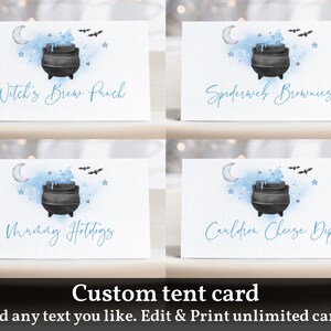 Un bambino sta fermentando cibo tenda carta Halloween Baby Sower etichetta alimentare Blue Place Cards Hocus Pocus Witch Boy modificabile stampabile Scarica Haba2
