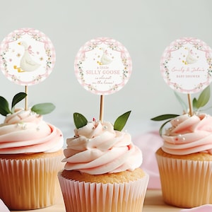Adornos para cupcakes de baby shower de Silly Goose - Floral de cuadros rosa Bab414