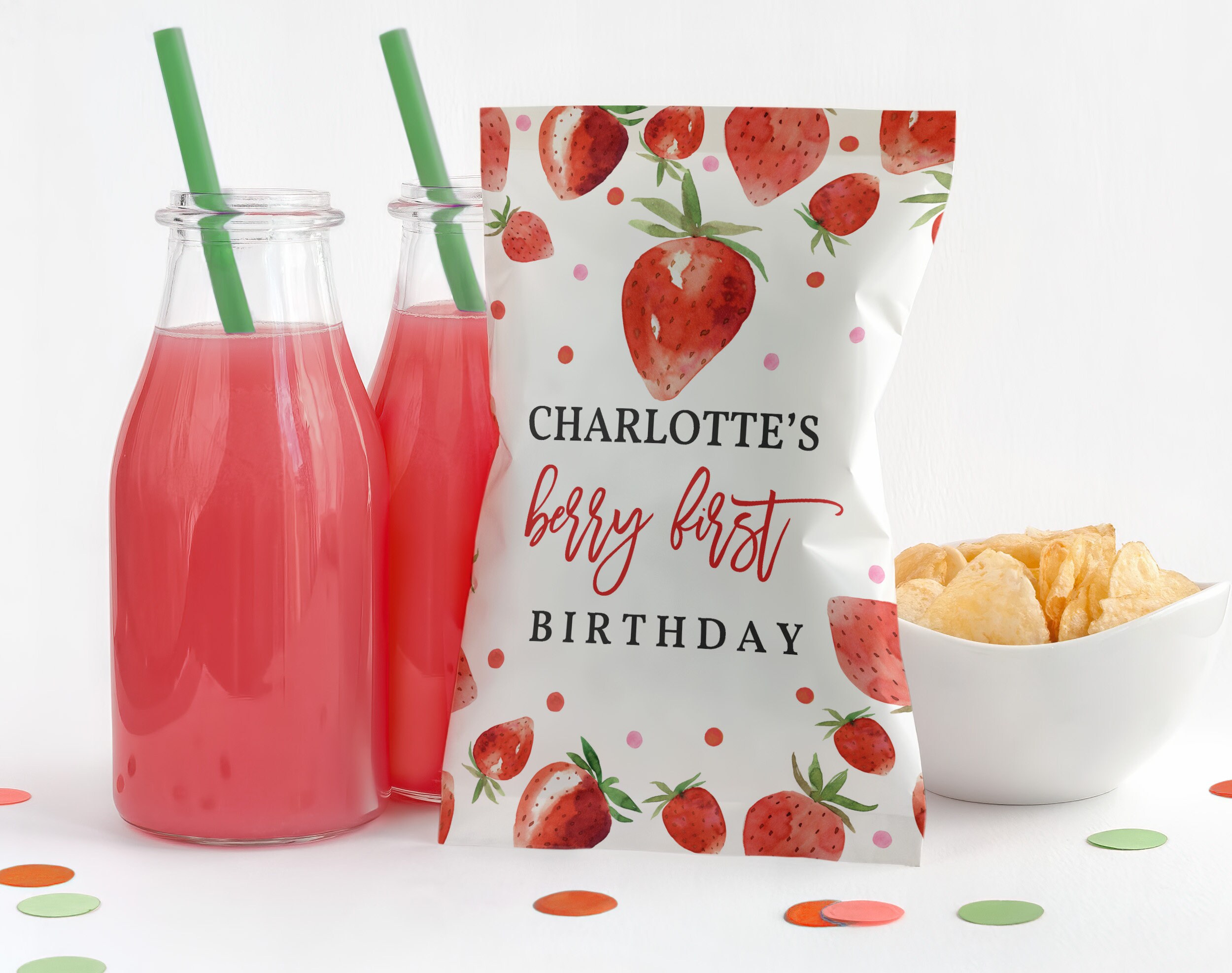 Erdbeer-Geschenktüten-Set Zum 1. Geburtstag – Extra Große Tüte Mit Karte & Seidenpapier, 'Berry Sweet Girl'