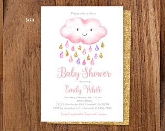 Invitación para baby shower: Nubes y gotas de lluvia - Pastel rosa dorado Bab49
