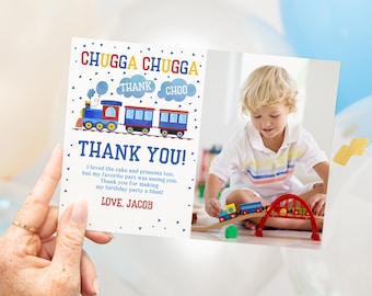 Train Party Thank You Card: Blue Chugga Two (Editable Photo Bir60)