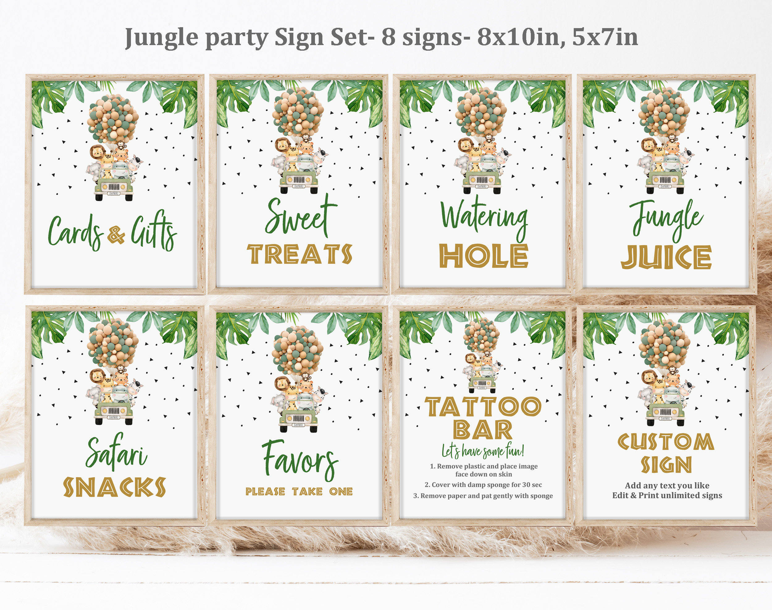 Juego de letreros de cumpleaños de safari, decoración para fiesta salvaje, paquete de letreros de mesa con animales de la jungla, camión Jeep editable, niño, primer tropical, imprimible Bir297