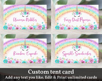 Tarjetas de comida para cumpleaños de unicornio: etiquetas editables para mesas (Bir, Bab, Bri, SpI, Vabab, VabriI)