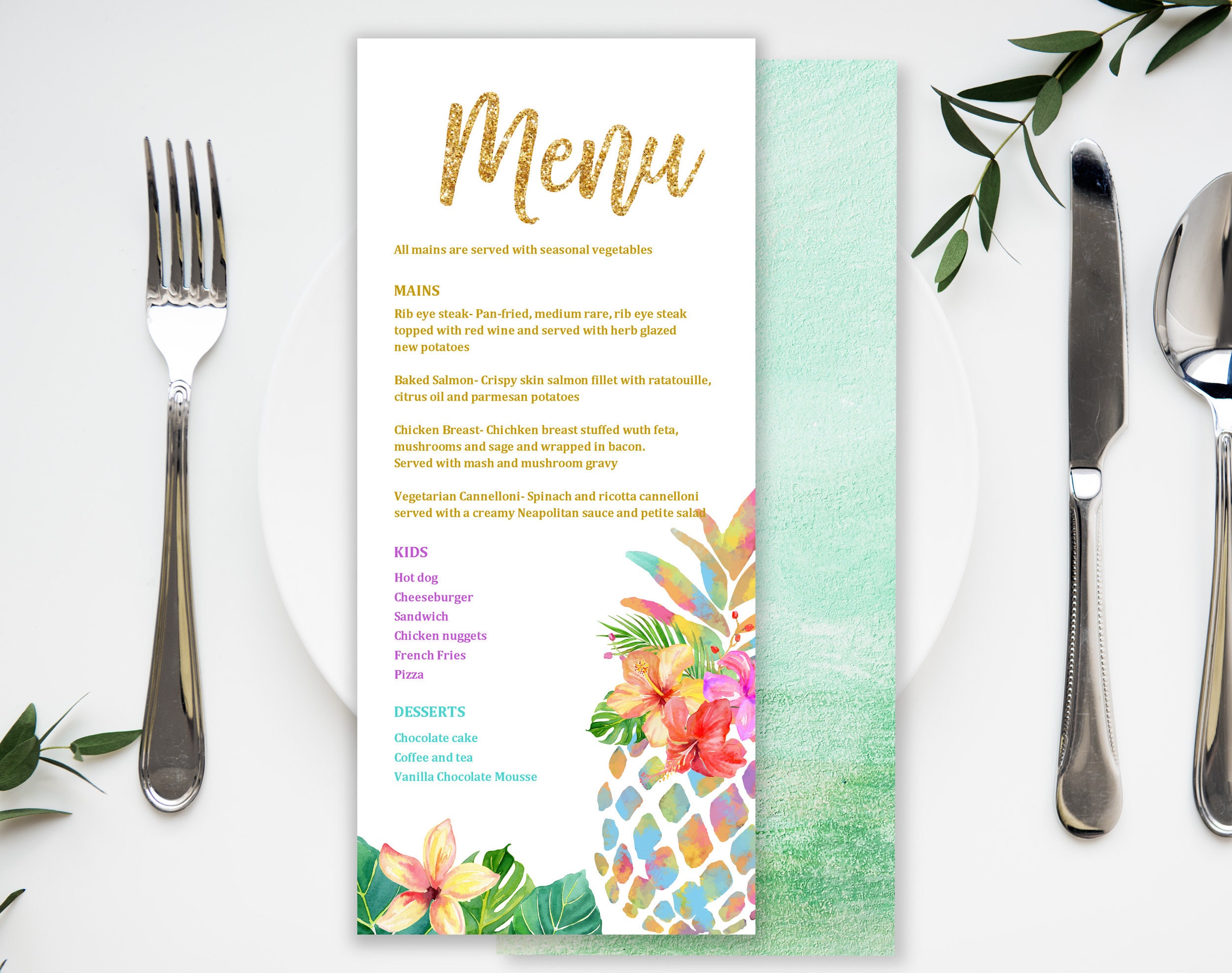 Pineapple Menu 4x9in/ Hawaii Menu/ Botanical Menu/ Garden Etsy