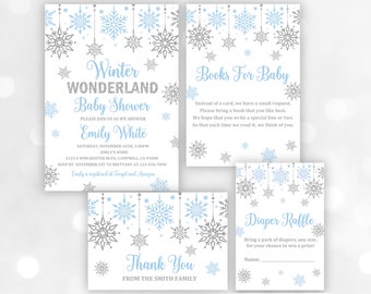 May include: Winter Wonderland Baby Shower invitation with blue and silver snowflakes. The invitation includes the date, time, location, and RSVP information. It also includes a request for guests to bring a book for the baby.
