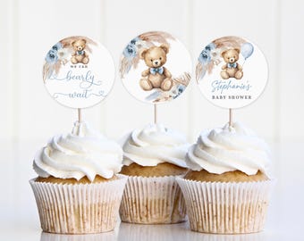 Blue Teddy Bear Cupcake Toppers - Editable Boho Baby Shower Labels Bab277
