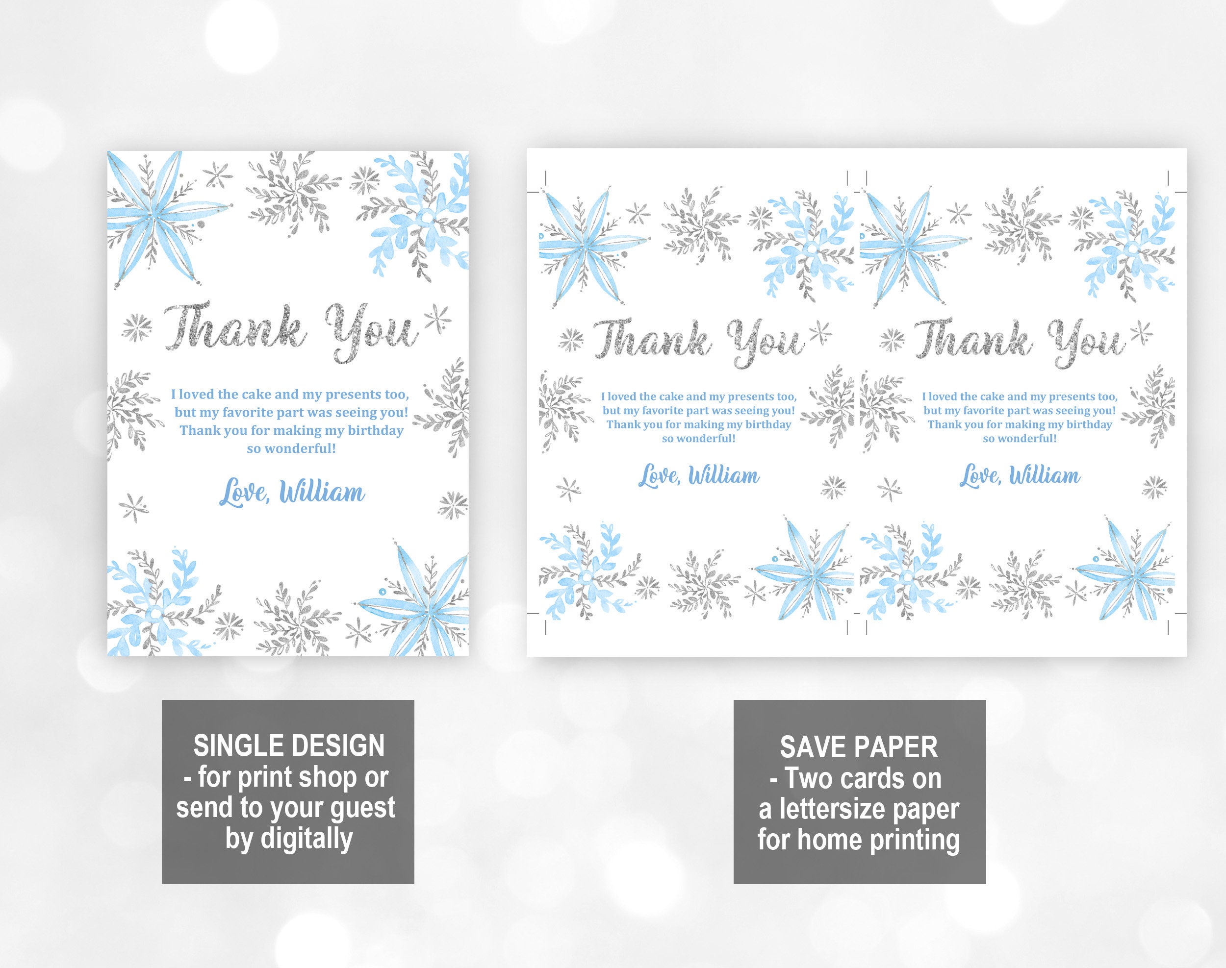 Snowflake Thank You Card: Winter Birthday Editable (5x7 & 4x6) Bir42 - Etsy