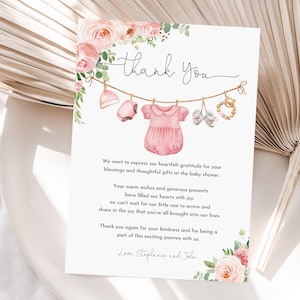 Ropa de bebé niña Baby shower Tarjeta de agradecimiento Editable Una dulce niña Lavandería Rosa Floral Boho Bebé Nota de agradecimiento Imprimible Bab215