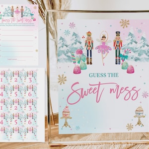 May include: A printable game for a Nutcracker themed party. The game is called "Guess the Sweet Mess". The game includes a sign with a Nutcracker, a ballerina, and candy canes. There is also a grid of numbered squares with images of the Nutcracker, ballerina, and candy canes.