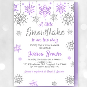 Purple snowflake baby shower Invitation A little on the way Lavender Invite girl winter silver wonderland EDITBALE Download Bab129