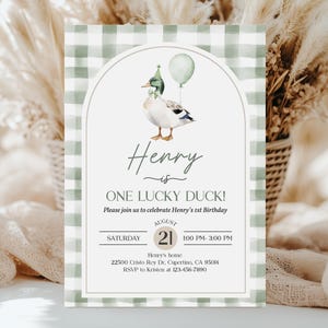 One Lucky Duck Birthday Invitation: Watercolor Mallard, Greenery Bir511 image 7