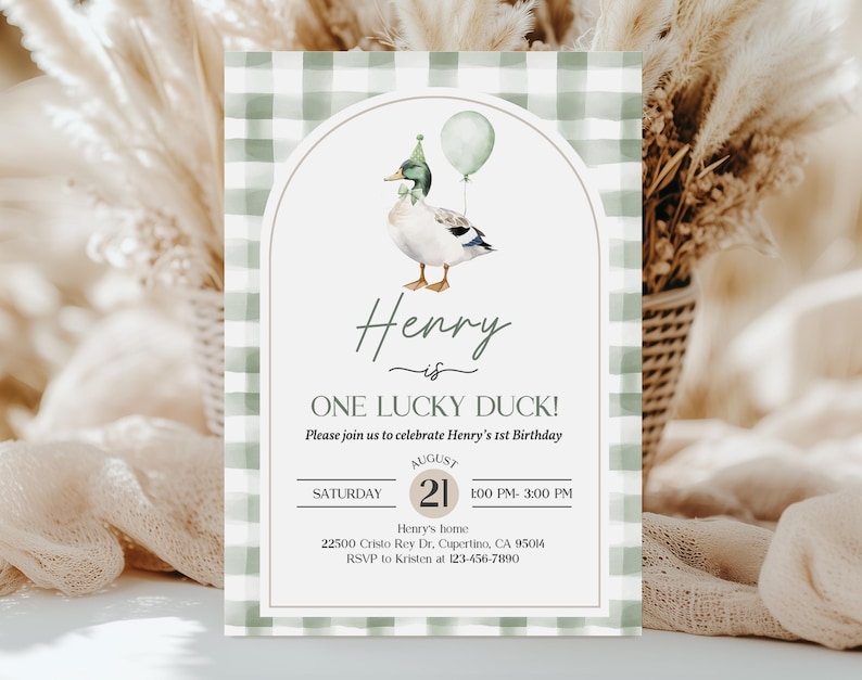 One Lucky Duck Birthday Invitation: Watercolor Mallard, Greenery Bir511 image 7