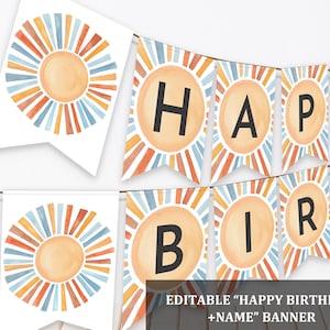 Sun Happy Birthday Banner First Trip Around the Sun Bunting Editable Sunshine Birthday Banner Sun Decor Garland Printable Bir409 Bir350