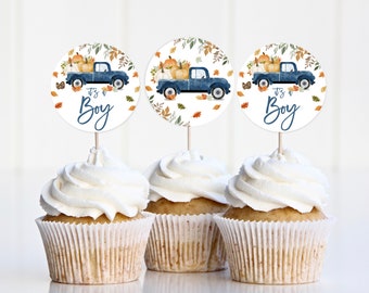 Cupcake Toppers: Blue Pumpkin Truck - Fall Baby Shower Boy Decor Bab169
