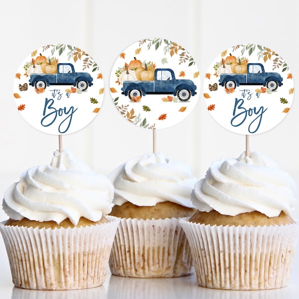 Blue pumpkin truck Baby shower Cupcake Toppers Favor Tags Pumpkin Baby shower Decor Stickers Fall Boy Download Digital Printable Bab169