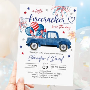 4. Juli Vaterländischen Babyparty-Einladung Kleiner Kracher auf dem Weg blauen LKW Jungen-Babyparty Grillen Editable Printable Download IpdBa1