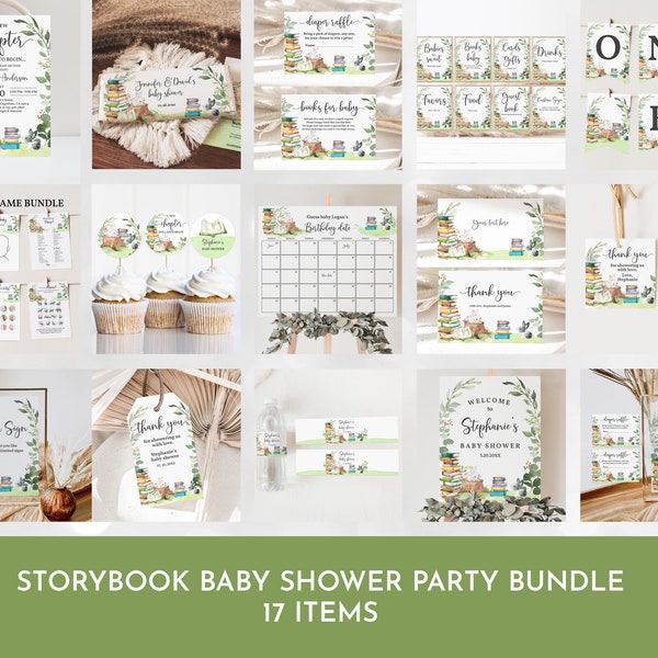 Storybook Baby Shower bundle New Chapter Baby Shower Invitation Set Book Themed Greenery Bunny Pack Gender neutral Editable Printable Bab217