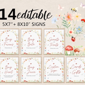 Puede incluir: Un conjunto de 14 letreros editables con ilustraciones florales y de insectos. Los letreros incluyen frases como "Bug Favors", "Bug Bite" y "Sweets and Treats". Los letreros están disponibles en tamaños de 12,7 x 17,8 cm y 20,3 x 25,4 cm.