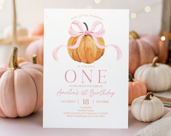 First Birthday Invitation: Pumpkin and Pink Bow Design (Editable Digital Bir520)