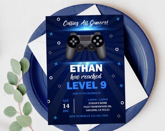 Video Game Birthday Invitation Gamer Party Invite Gaming Party Electronic Boy Girl Blue Digital Editable Download Printable Bir159