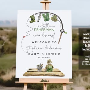 Letrero de bienvenida para baby shower de pesca, letrero editable para baby shower de pescador, letrero imprimible para baby shower, el pescador está en camino, póster para fiesta al aire libre Bab281