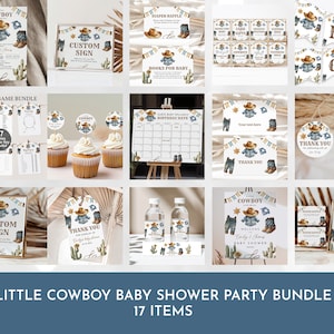Little Cowboy Baby Shower Invitation Decoration Bundle Wild Western baby shower Package Cactus Boho Rustic set Editable Printable Bab241