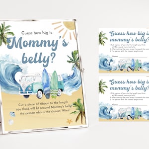 Raad eens hoe groot mama's buik is bord en kaart Baby aan boord Surf Babyshowerspel Surfstrand Oceaan Zomerzwembadfeest Retro Afdrukbaar Bab187