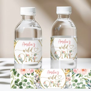Safari Wild One Water Bottle Label Jungle Birthday Party Water Bottle Wrapper Girl 1st Pink Floral Digital Editable Printable Download Bir12