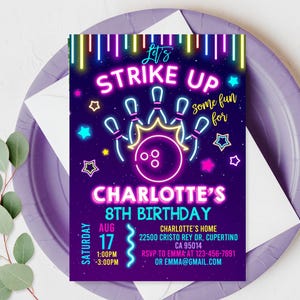 Bowling Birthday Invitation Editable Let&#39;s Strike Up Some Fun Bowling Party Invite Rainbow Neon Glow Girls Birthday Invite Printable Bir441