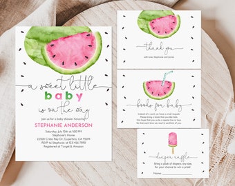 Watermelon Baby Shower Invitation Set A Sweet Little Baby is on the Way Watermelon Pack Gender Neutral Summer Editable Printable Bab212