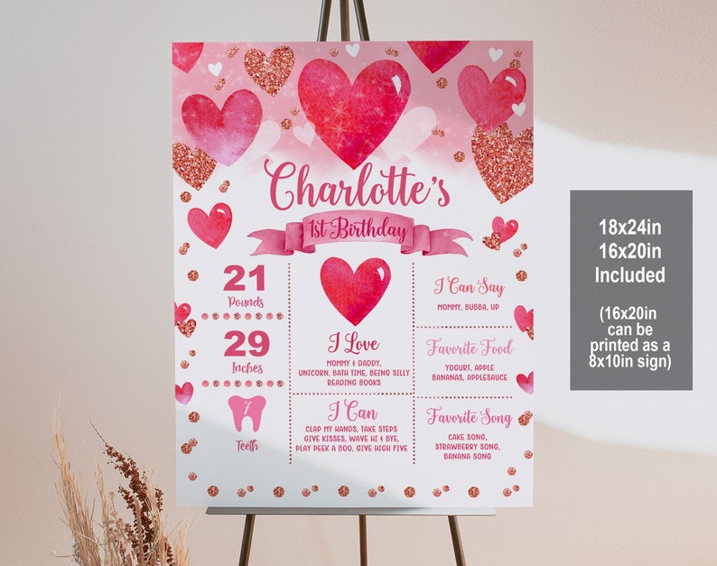 Valentines Birthday Milestone sign Red Heart Chalkboard sign Girl First Birthday Pink Rose gold Hearts Decorations Editable Printable Bir104 image 1