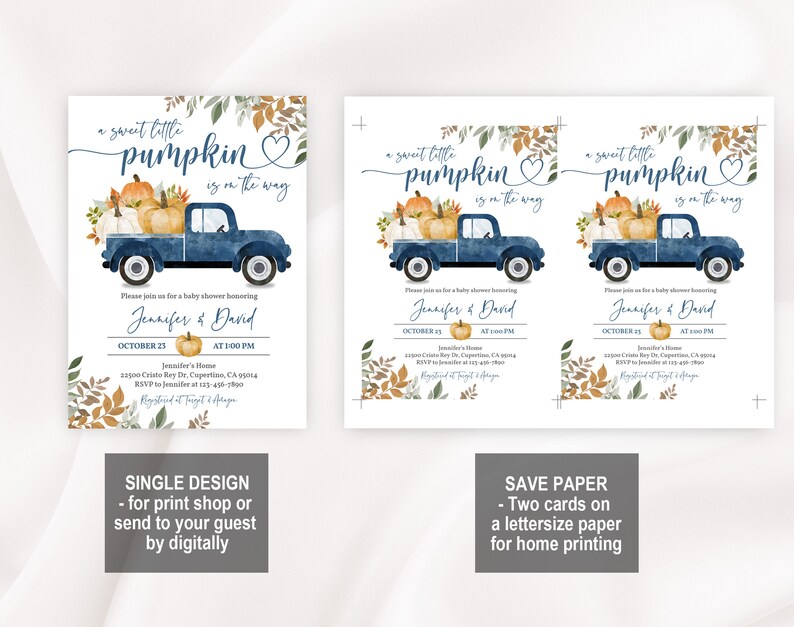 Pu&ograve; includere: Un camioncino blu con un cuore e il testo "Sweet little pumpkin is on the way" trasporta zucche e foglie autunnali. Il camioncino &egrave; su uno sfondo bianco con un effetto acquerello. Questo &egrave; un invito a un baby shower.
