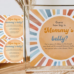 Guess How Big Mommy&#39;s Belly Is Game Boho Sunshine Baby Shower Belly Guessing Game Here Comes The Son Editable Printable Download Bab196