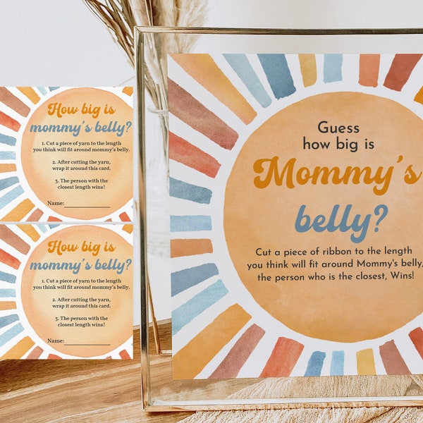 Guess How Big Mommy's Belly Is Game Boho Sunshine Baby Shower Belly Guessing Game Here Comes The Son Editable Printable Download Bab196