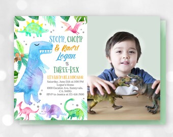 Dinosaur Birthday Invitation Cute Dino Party Invite three rex Photo Tropical Wild Boy Blue 3rd Invite EDITABLE Download Bir251