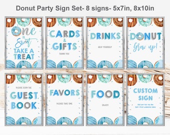 Donut Birthday table sign set One is sweet Blue donut sign bundle Boy first Birthday decor Favor Gift Editable Printable Download Bir369