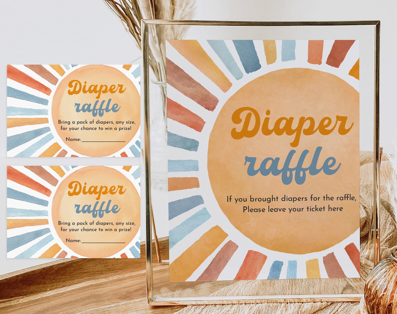 Boho Sunshine Baby Shower Diaper Raffle Tickets & Sign Here Comes the ...