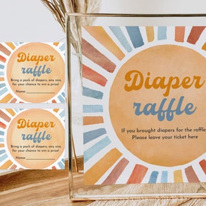 Boho Sunshine Baby Shower Luier Loterij Tickets & Sign Here Comes The Son Retro Groovy Sun Boy Digitale bewerkbare afdrukbare download Bab196