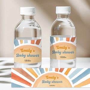 Boho Sunshine Baby Shower Waterfles Labels Retro Sunshine Here Comes The Son Boho Baby Shower Decor Bewerkbare afdrukbare Download Bab196