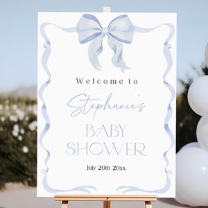 Blue Bow Baby Shower Welcome Sign Editable Blue Watercolor Ribbon Pastel Blue Welcome Poster Printable Blue Bow Boy Sign Template Bab339