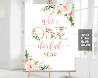 First Birthday Sign: What a Onederful Year - Pink Floral Printable Bir303