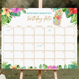 Pineapple Aloha Baby Shower Due Date Calendar Editable Hawaiian Baby Shower Guess Baby&#39;s Arrival Game Tropical Birthday Prediction Bab38