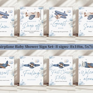 Blaues Flugzeug Baby Shower Tisch Zeichen Set Bearbeitbares Tischschild Template Pack Reise Wolke Stern Himmel Blau Partydekoration Printable Boy Bab248