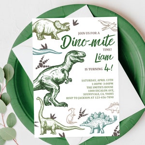 Dinosaur Birthday Invitation Dino Party Invite T-Rex  Park Boy Dino-mite Wild Green Digital Printable Editable Download Bir110